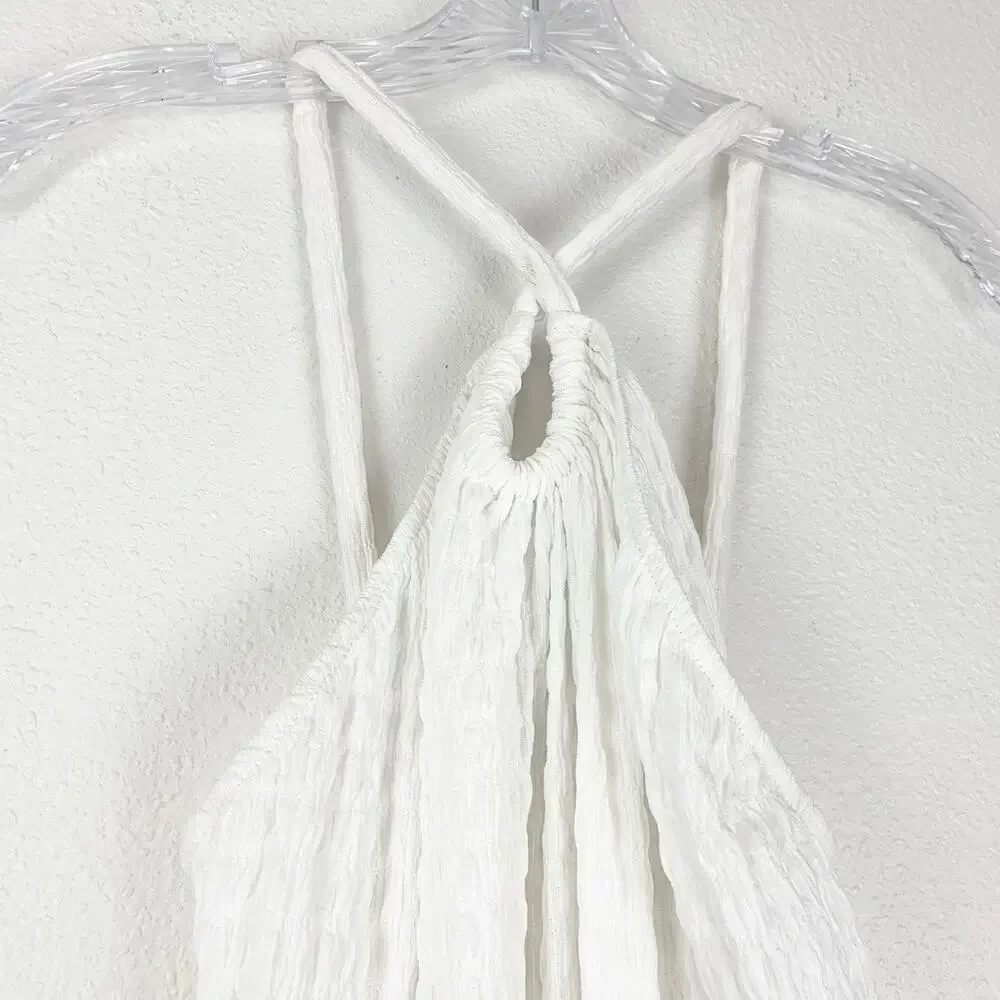 Zara Dress Women Large White Keyhole Puckered Texture Midi Stretch Spring Summer - Picture 3 of 8
